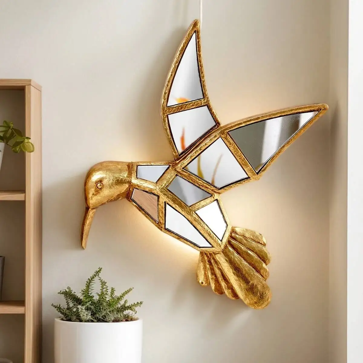 Golden Bird Mirror Wall Hanging Piece Resin Handicrafts Golden Hummingbird Background Wall Decoration Mirror Hanging Piece