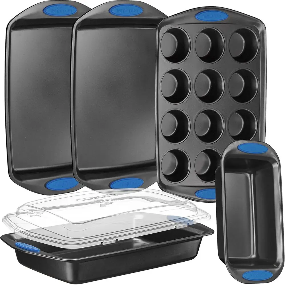 

Набор из 6 предметов для выпечки из углеродистой стали с синими силиконовыми ручками и антипригарным покрытием, включает противни для печенья и противень для запекания