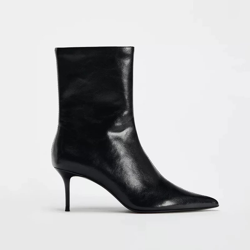 Autumn Winter Pointed Toe Short Boots Thin Heel High Heel Slim Boot Leather Increase Height Naked Booties British Style Fashi...
