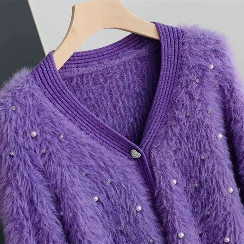 Purple Solid Casual Mink V-Neck Single Breasted Long Sleeve Women\'s Cardigan Sweater Cardigan For Women Clothing Autumn Winter