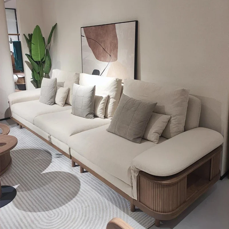 Solid wood fabric sofa living room modern simple three-person sofa lazy light luxury advanced small apartment