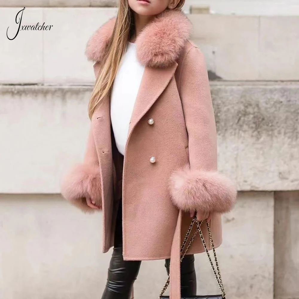 Winter Kids Girls Cashmere Coat Real Fox Fur Collar Cuffs Autumn Warm Wool Coat Overcoat Cute Bow Child Wool Jacket Clothes