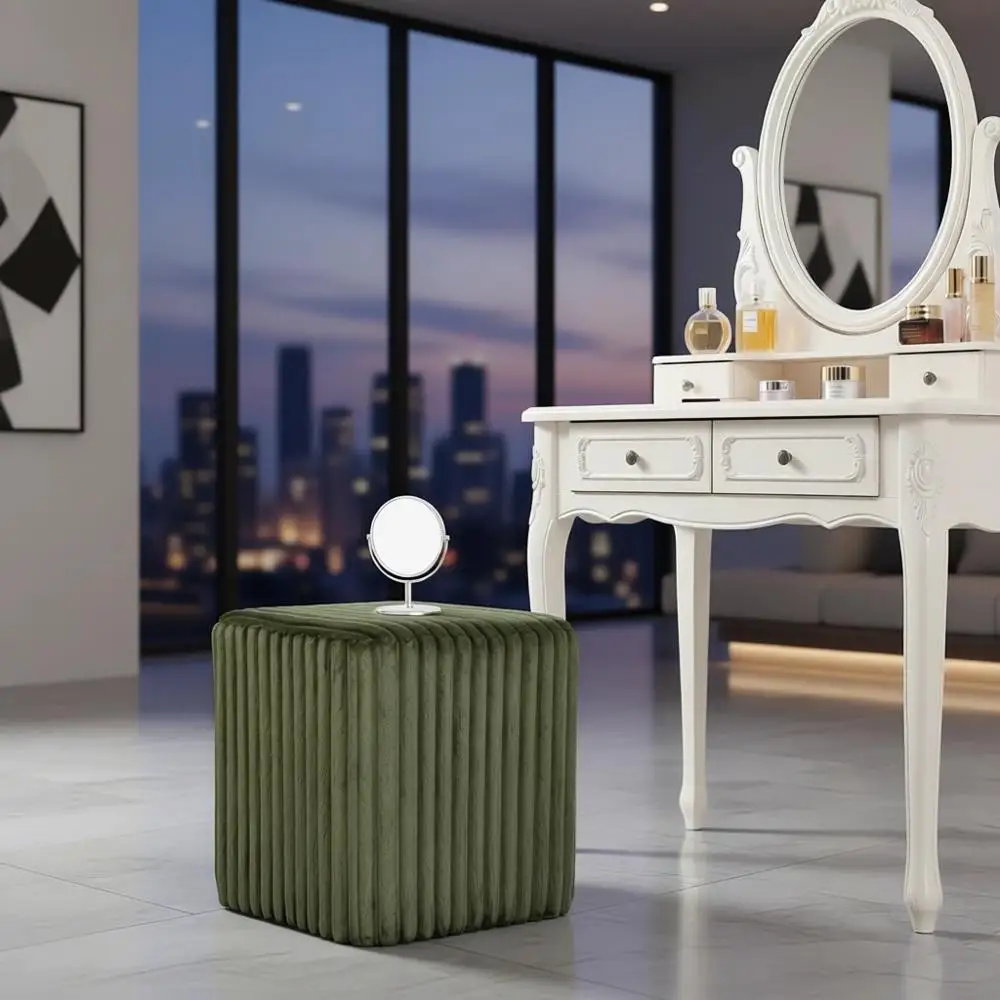 Green Square Vanity Stool, Striped Ottoman, Velvet Footrest, Upholstered Chair for Makeup, Bedroom, Living Room (1PC)