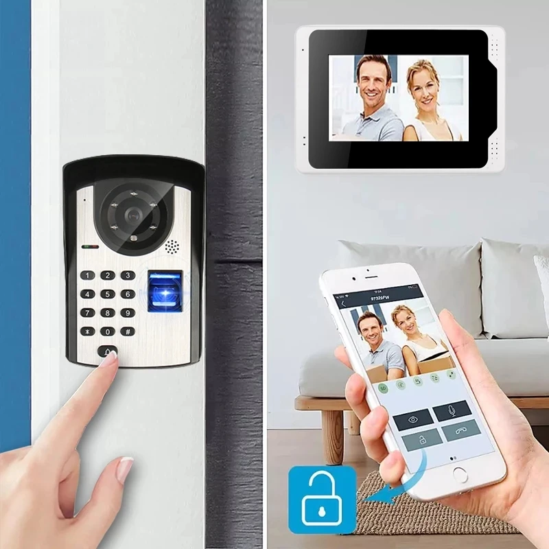 Wifi Video Doorbell System Kit With RFID Keyfob Fingerprint IR  Mobile Phone APP Unlock Wireless Video Door Intercom