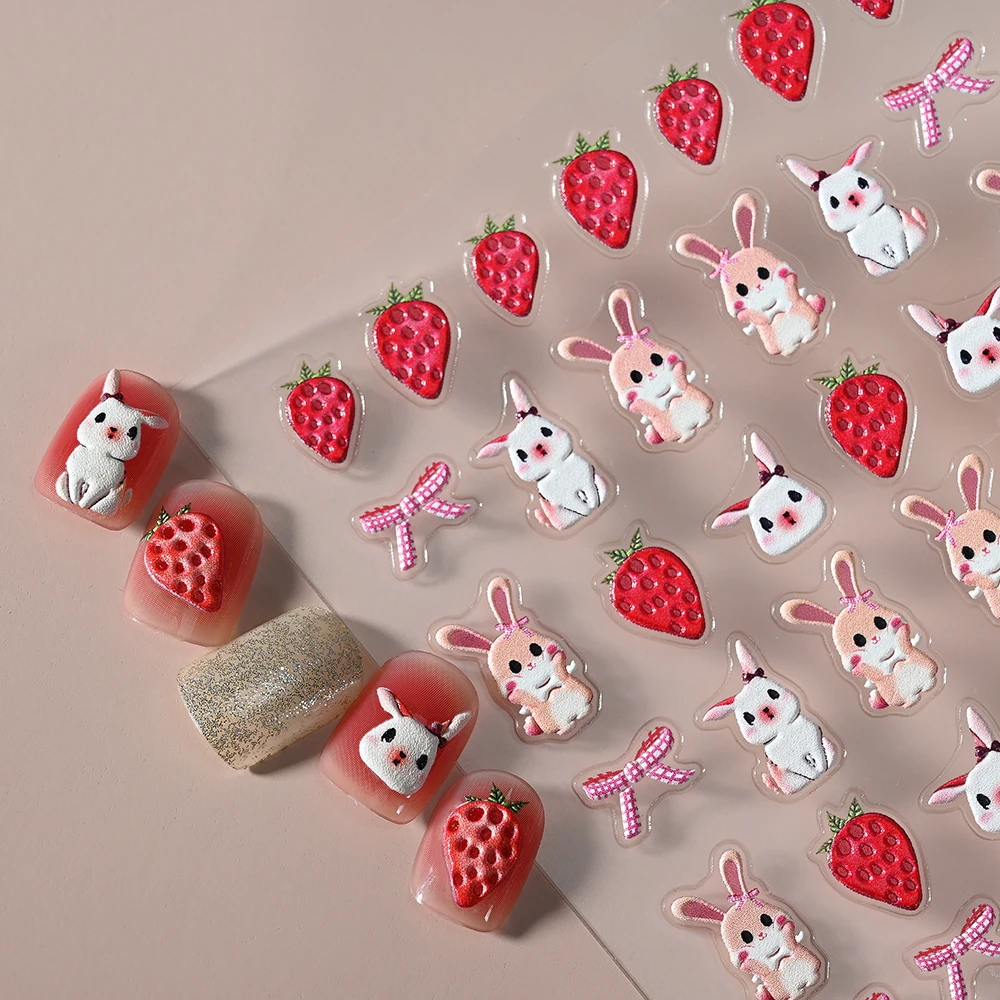 1PCS 5D Cartoon Cute Nail Art Stickers Japanese Sweet Bow/Rabbit/Strawberry Design Nail Slider Decals Girls Diy Manicure Decorat