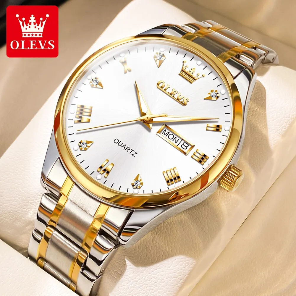 OLEVS Brand Men\'s Quartz Watch Stainless Steel Waterproof Luminous Fashion Strap Business Men\'s Quartz Wristwatch Gold Watch