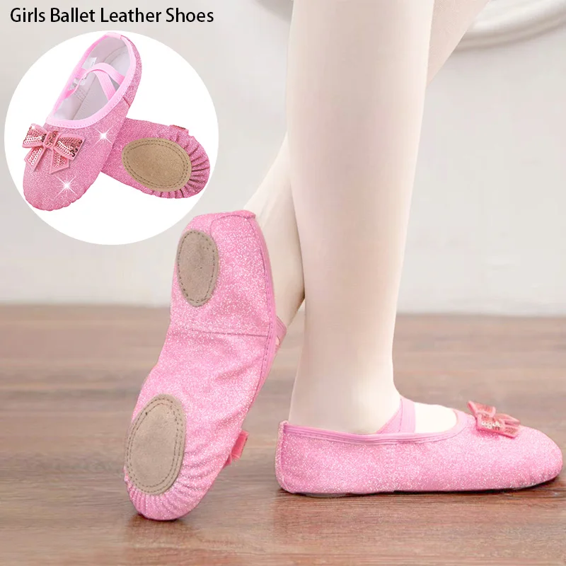 여자 반짝 이는 가죽 발레 신발 여자 유아 발레 댄스 연습을위한 분할 단독 노 타이 댄스 슬리퍼