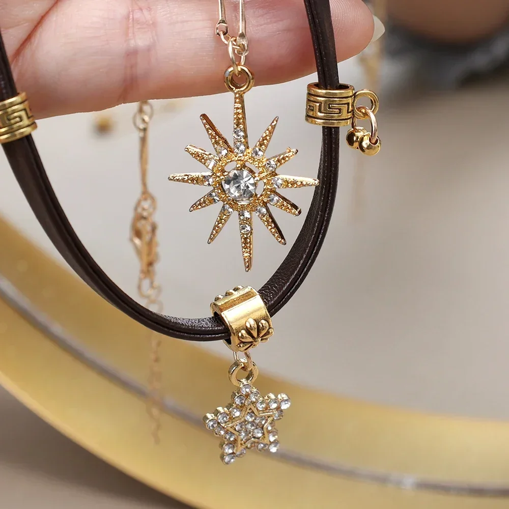 Vintage Bohemia Sun Star Zircon Necklace for Women Leather Necklace Double Layered Star Pendant Chain Choker Fashion Jewelry