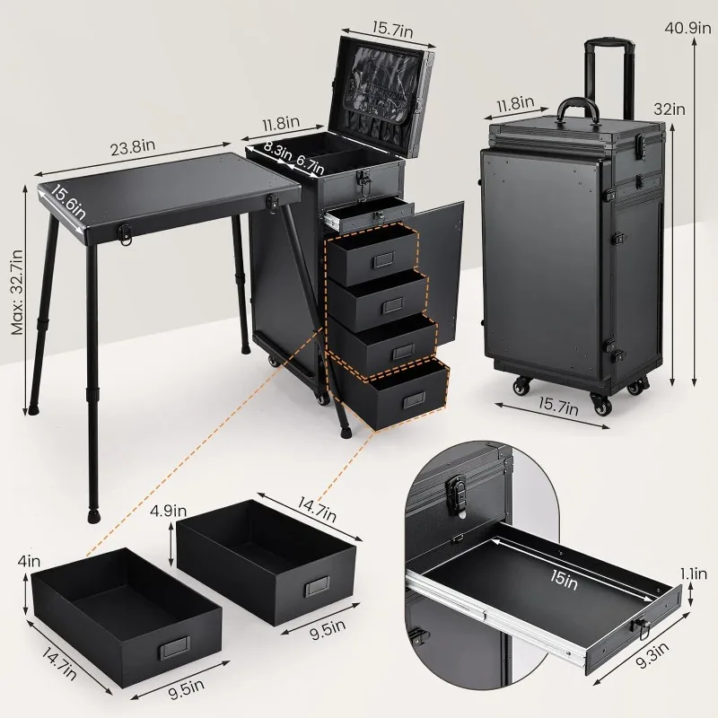 Rolling Manicure Table Makeup Case Foldable Nail Desk 5 Drawers Cosmetology Case on Wheels with Brush Pouch