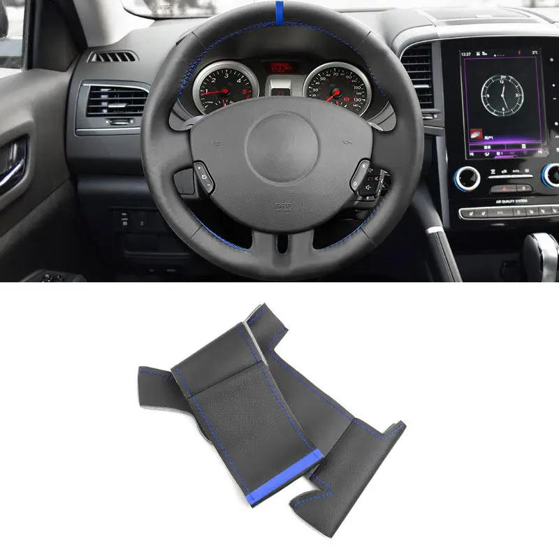 For Renault Clio 3 RS 2005 2006 2007 2008 2009 2010 2011 2012 2013 Car Steering Wheel Cover Microfiber Leather Trim Blue Line