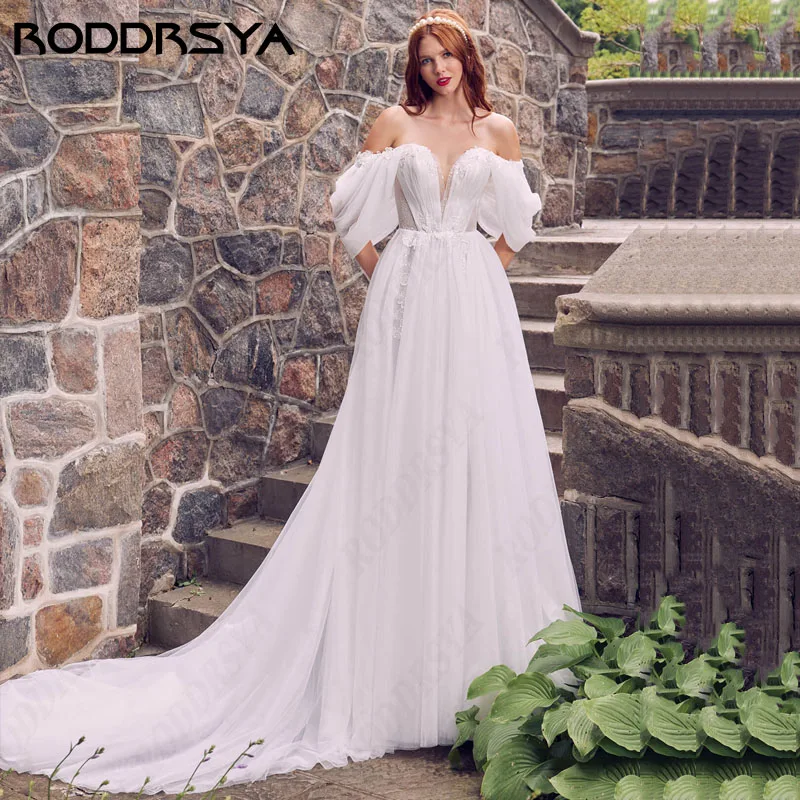 RODDRSYA Princesa Fora Do Ombro Tule Vestido De Noiva A linha Lace Querida Nupcial Festa Ilusão Zipper Voltar Vestido De Novia Princesa Fora Do Ombro Tule Vestido De Noiva A linha Lace Querida Nupcial Festa Ilusão Zipp