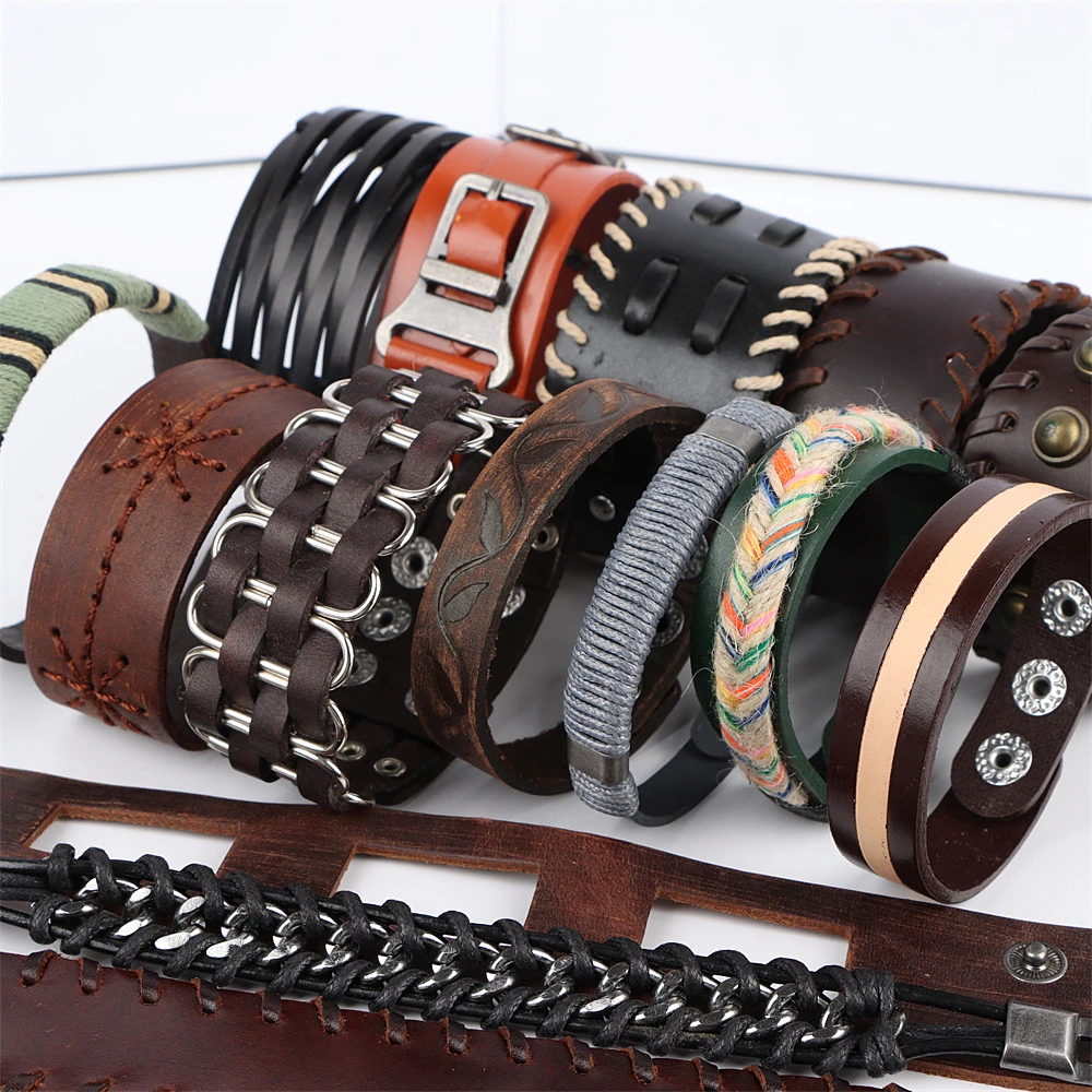 Bracelets à boutons en métal en cuir punk pour hommes et femmes, bijoux faits à la main, accessoires de bracelet, cadeaux de mode, 20 pièces par lot