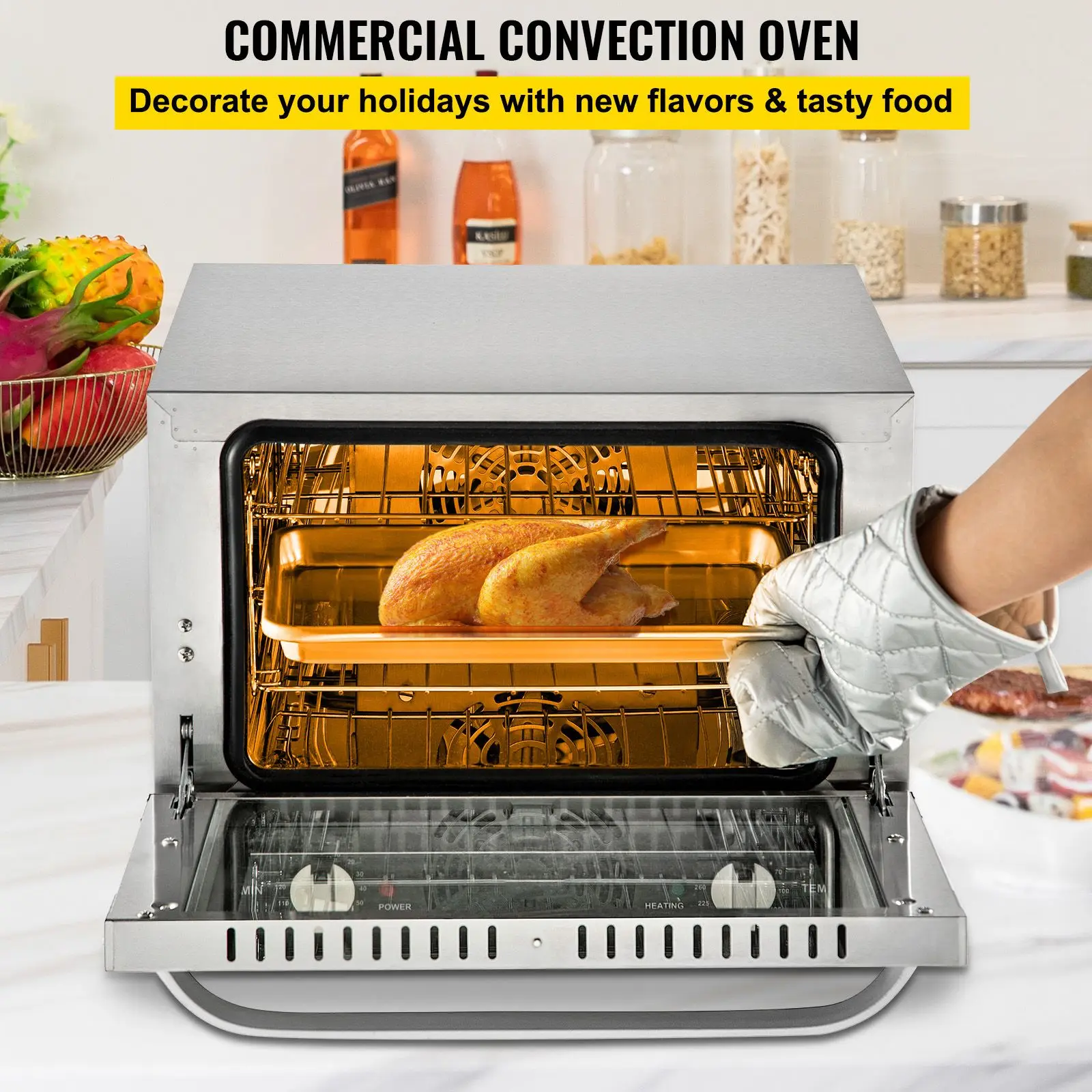 Commercial Convection Oven, 21L/19Qt, Quarter-Size Conventional Oven Countertop, 1440W 3-Tier Toaster with Front Glass Door, Electric Baking Oven with Trays Wire Racks Clip Gloves