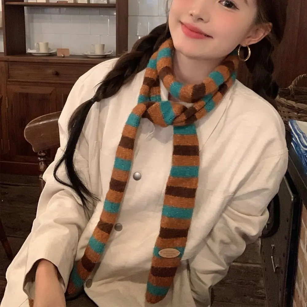 

Мягкий полосатый шарф в корейском стиле, утолщенный узкий кашемировый вязаный шарф, ветрозащитный утеплитель для шеи, зимняя шаль на каждый день