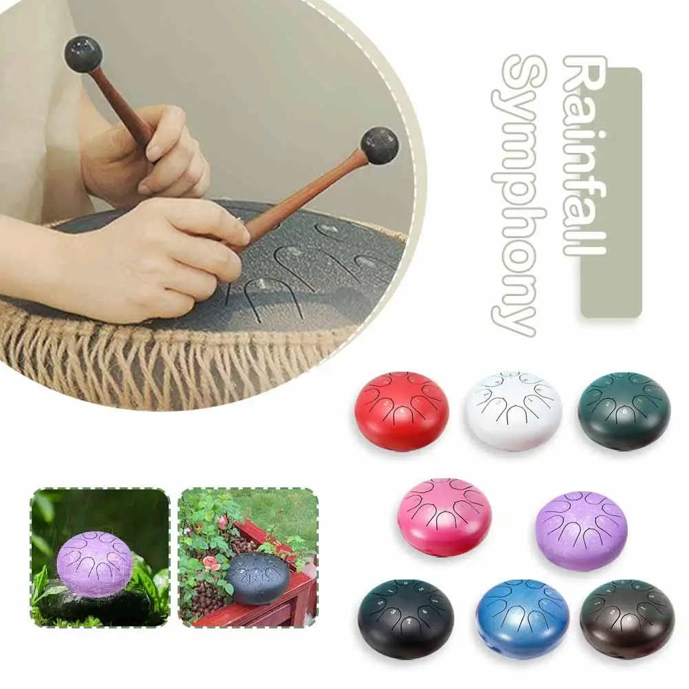 6 Tones Steel Tongue Drum Outdoors Rain Drum Instrument Mini Hand Drum Ethereal Drum Sticks Percussion Drum Accessories