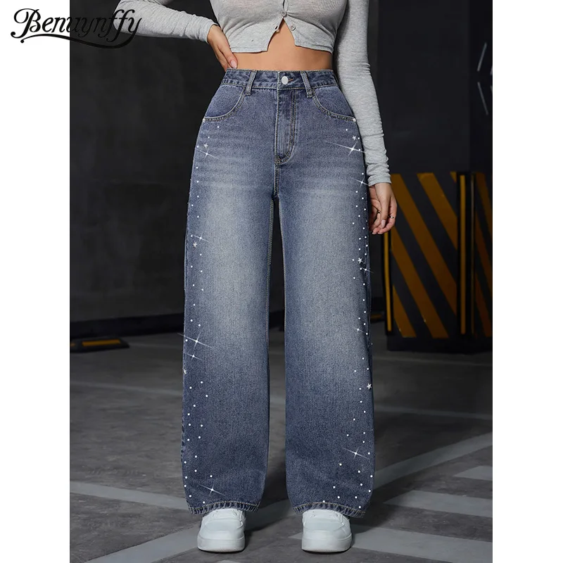 

Benuynffy Washed Blue Jeans Women's Diamonds Casual Straight Leg Pants Woman Streetwear Mid Waist Baggy Wide Leg Denim Trousers