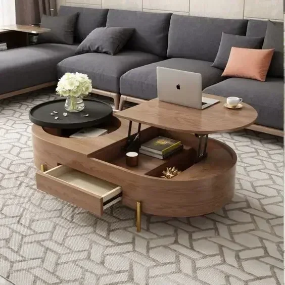 Modern Smart South American Marble Tea Desk Walnut With Metal Living Room Round Wood Coffee Table