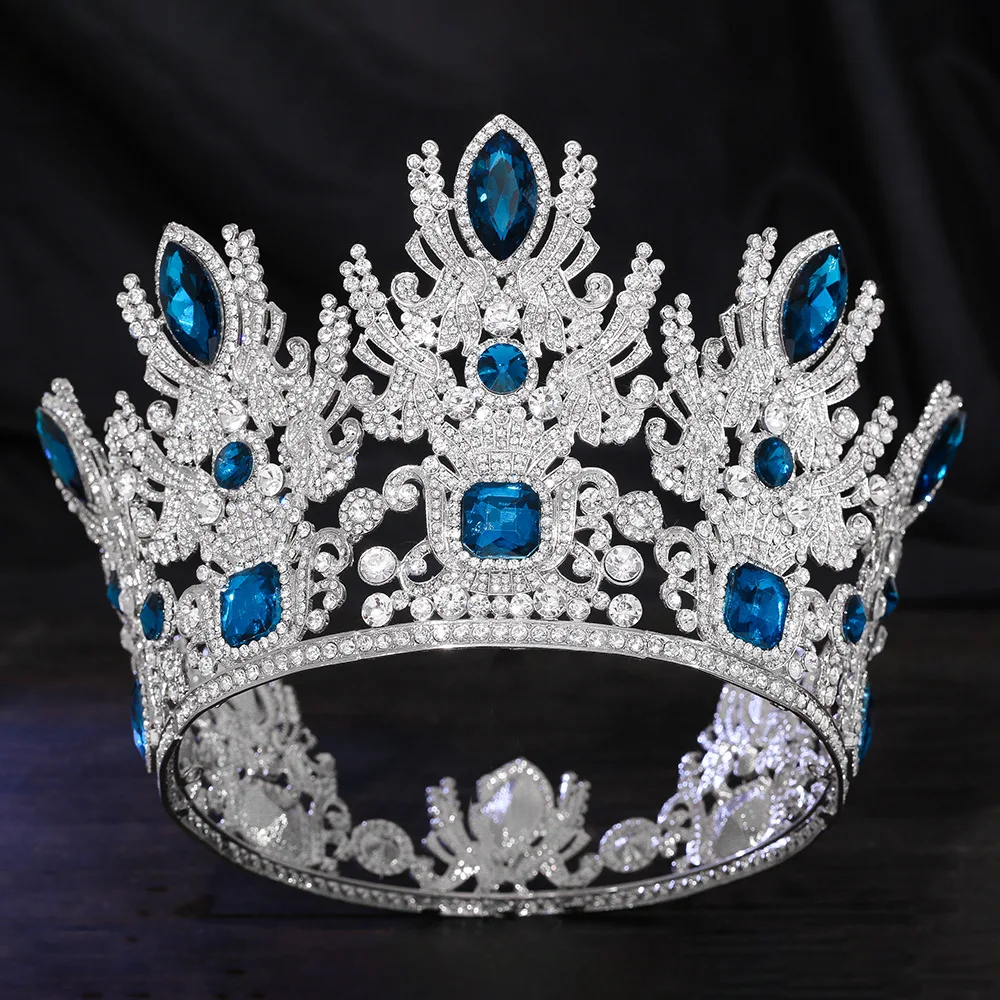 

Beauty Pageant Full Crystal Bride Crown 5.1 Inches Hair Accessories Crown Baroque Queen Runway Big Round Blue Crown