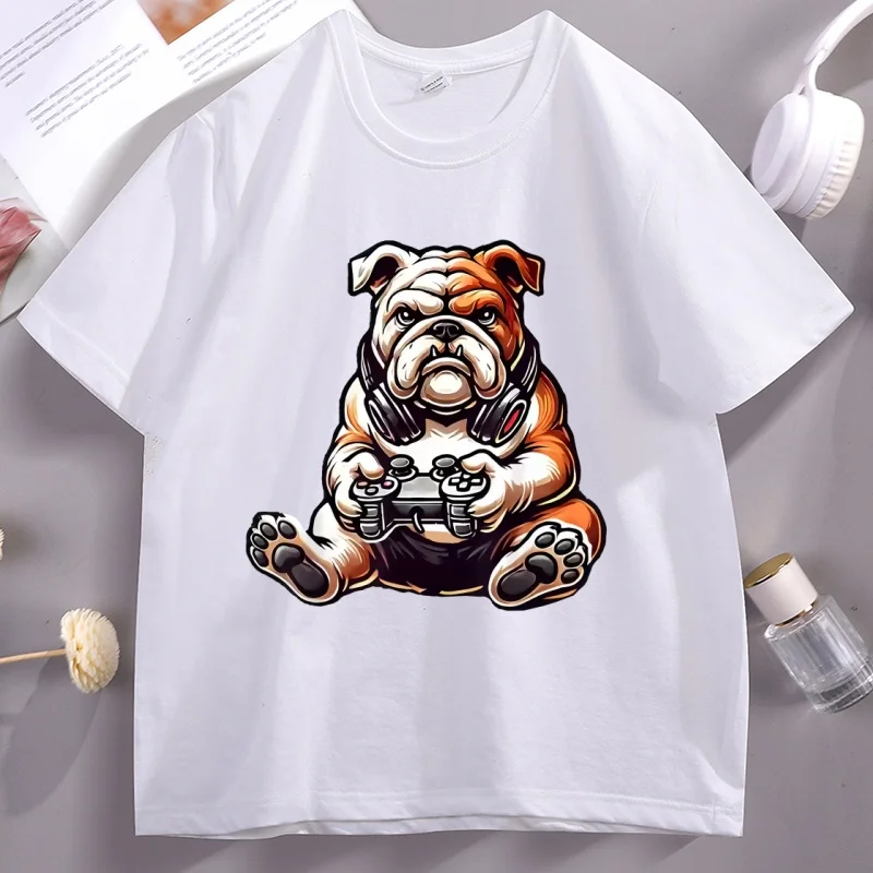 English Bulldog Dog T-shirt Funny Games Gamer T Shirt Men's Soft Breathable Cotton Tshirt Crew Neck Casual Wear Trendy Y2K