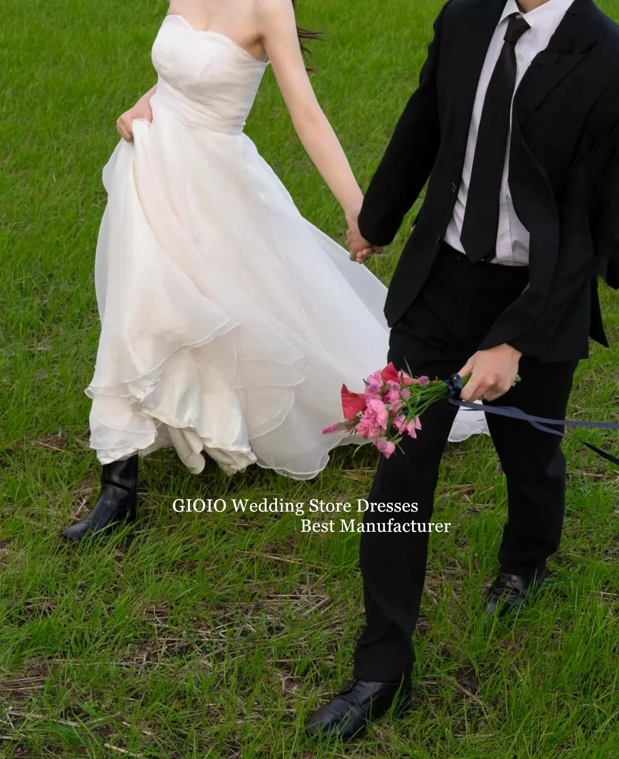 GIOIO فستان زفاف متدرج عاجي من الأورجانزا بدون حمالات بطول الأرض فستان زفاف مخصص كوري لالتقاط الصور الفاخرة