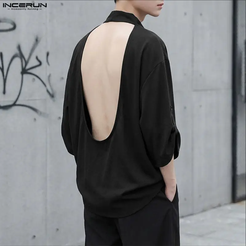 INCERUN Herrenhemd Einfarbig Ausgeschnitten Rückenfrei 3/4 Ärmel Herrenbekleidung Oberteile Streetwear Locker 2026 Mode Sexy Männerhemden