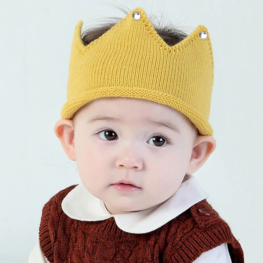 

Baby Crown Shaped Knitted Warm Hat Winter Soft Comfortable Birthday Crown Beanie Cute Durable Yellow Baby Birthday Hat