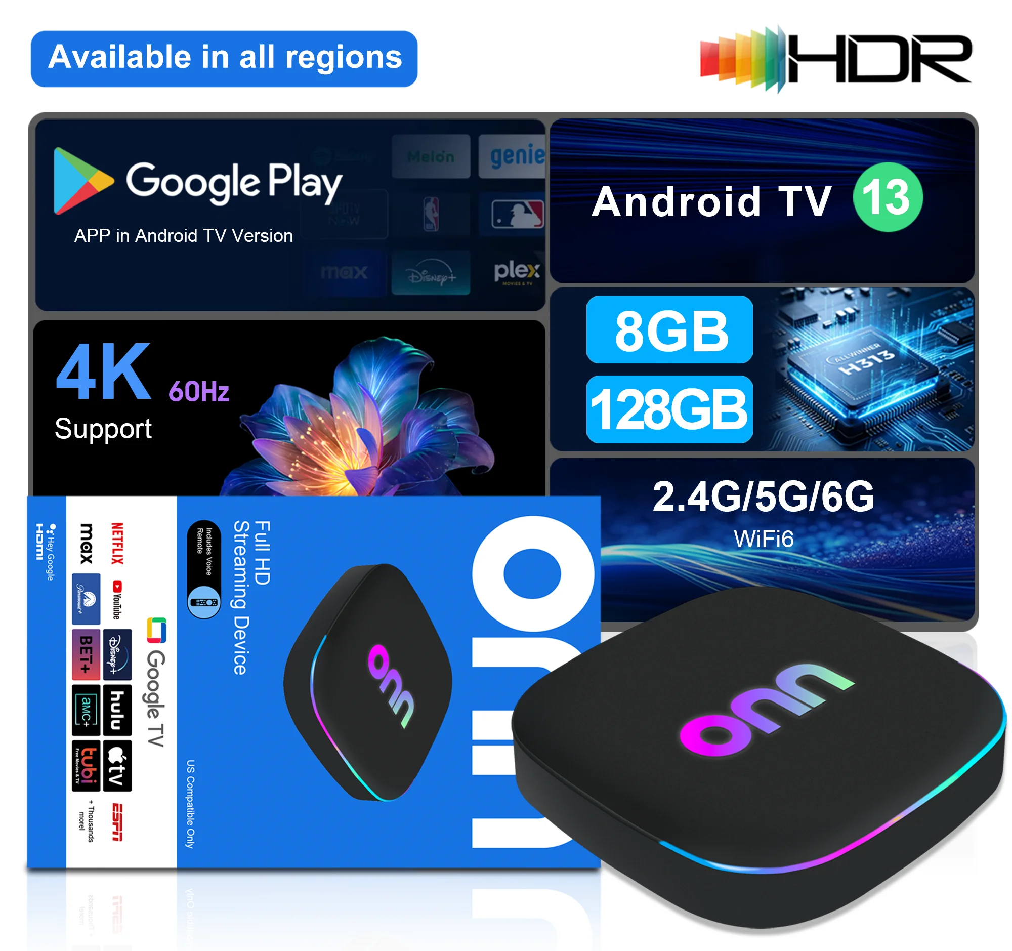 ONN 4K 60FPS HD Decoding TV Box Mali-G31 H313 8GB 128GB eMMC WiFi6 BT5.4 USB TF Card Voice Remote Device