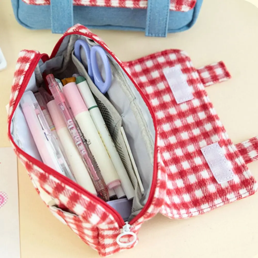 

Sweet Grid Pencil Case Portable Large Capacity Pen Organizer Pouch Stationery Holder Zipper Stationery Organizer Office Use
