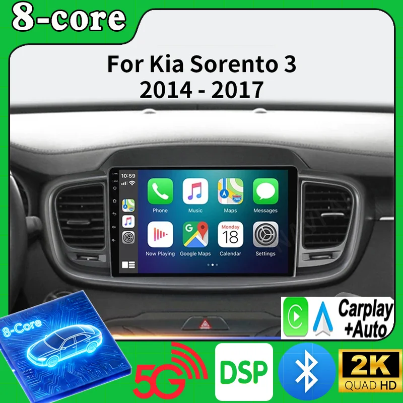 Radio para Auto Android 16 para Kia Sorento 3 2014-2017, Estéreo con GPS, Navegación, Carplay, Multimedia, Reproductor de Video BT, DSP, 2DIN, 5G, DVD