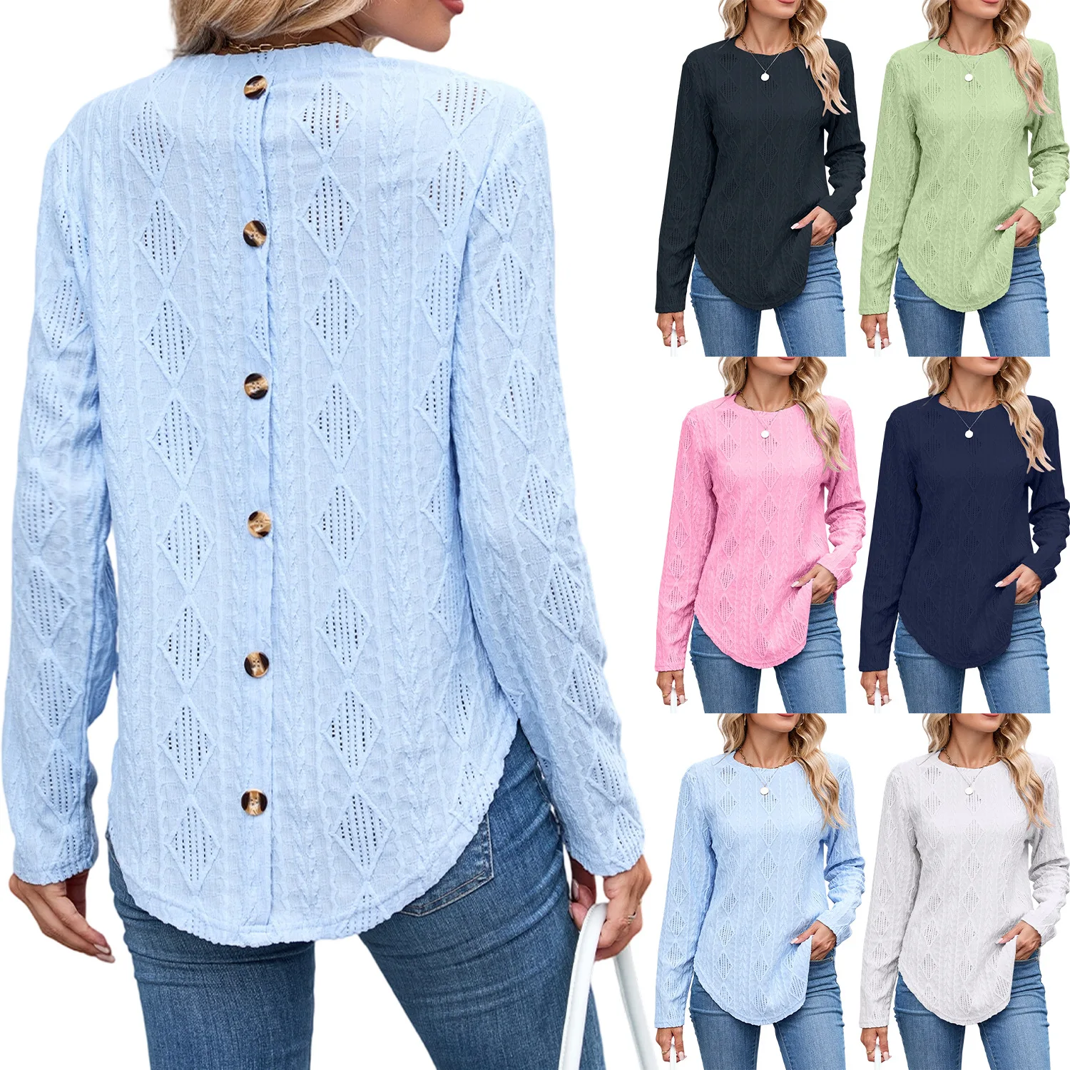 

New Casual Round Neck Long Sleeve Curved Hem T-shirt Button Hollow Top for Women