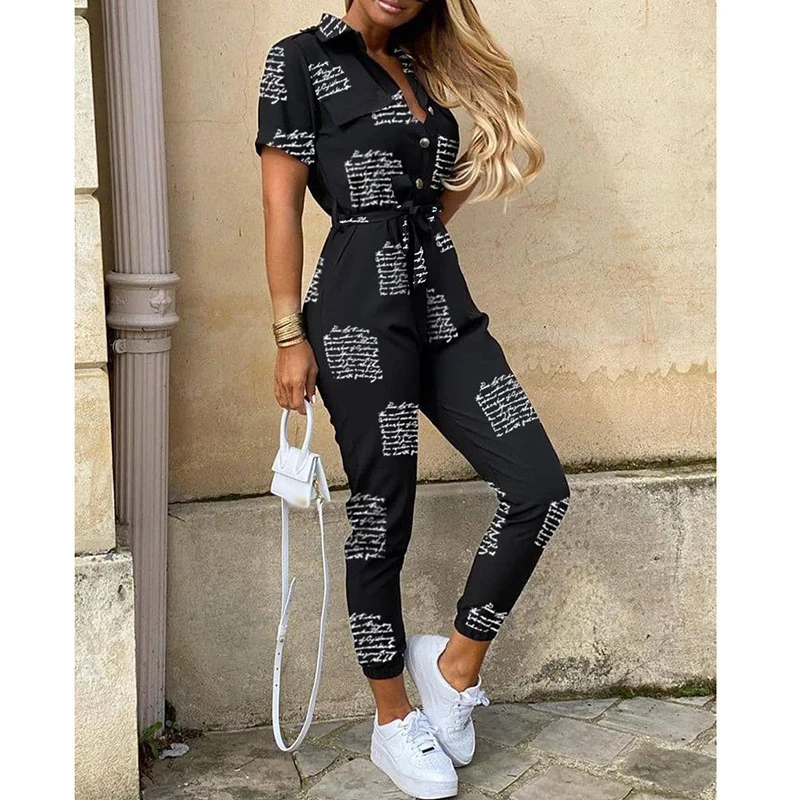 Letters Printed Black Casual Short Sleeve Cargo Long Pants Jumpsuits With Belt Women Summer Half Button Female Overalls Jumpsuit