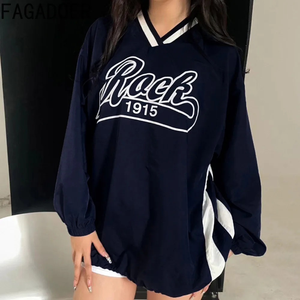 FAGADOER Retro Y2k Letter Print Oversized Sweatshirt Women V-Neck Long Sleeve Drawstring Loose Hoodies Tops Autumn Streetwear