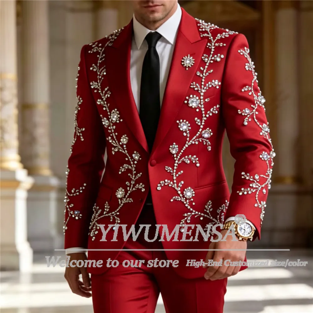 Exclusive Diamond Beaded Suit Men For Wedding Single Breasted Jacket Pants 2 Piece Sets Groom Tuxedos Male Outfits Prom Blazers
