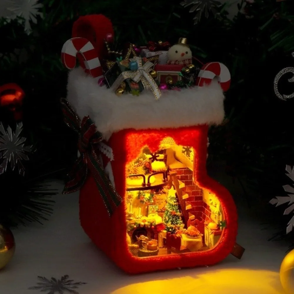Wooden Christmas Stocking with Furniture Handmade with LED Lights DIY Christmas Cottage Model Glowing Christmas Stocking Crafts