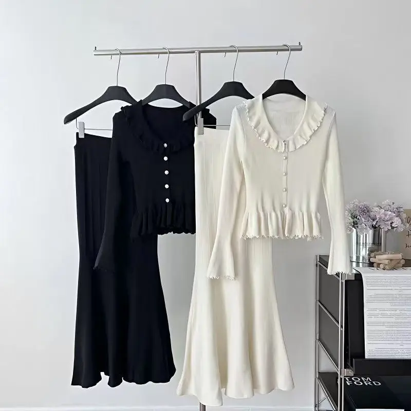 

Knitted Skirt 2 Pieces Set Women Pullovers Sweater 2025 & Knitted Bodycon Skirts Suits Outfits Female Clothes