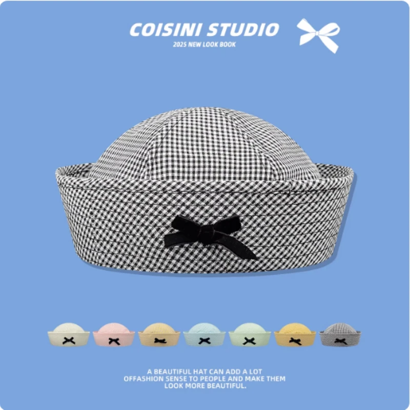 Korean Version Cute Sweet Bow Plaid Sailor Hat Spring and Summer Flipped Brim Versatile JK Dome Beret Cap for Women's 6