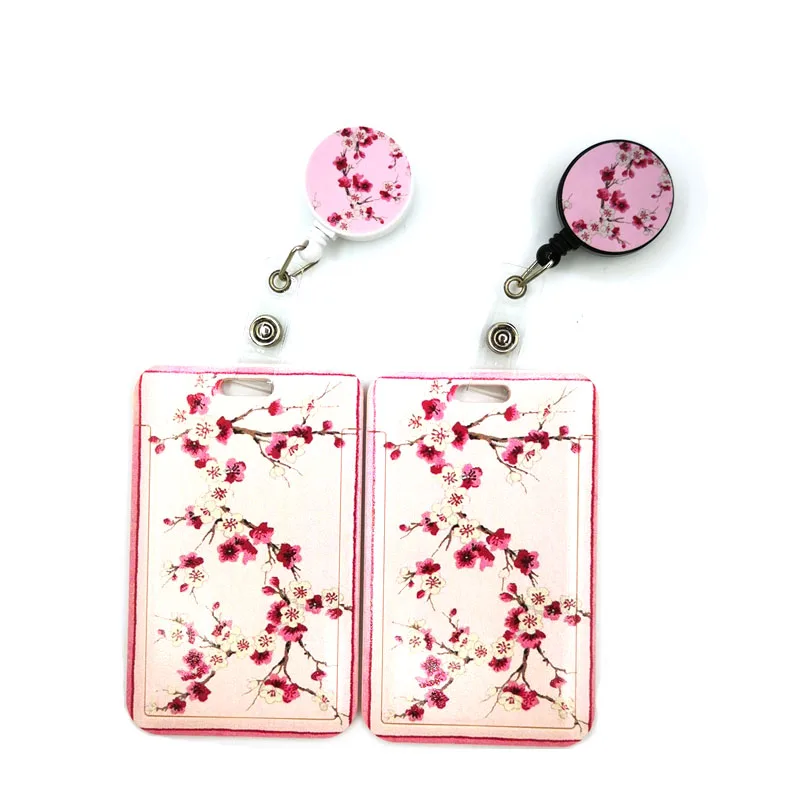 Pink Cherry blossoms Retractable Badge Reel Lanyard Nurse ID Business Credit Card Work Card Office Student Clips Card Cover Bag