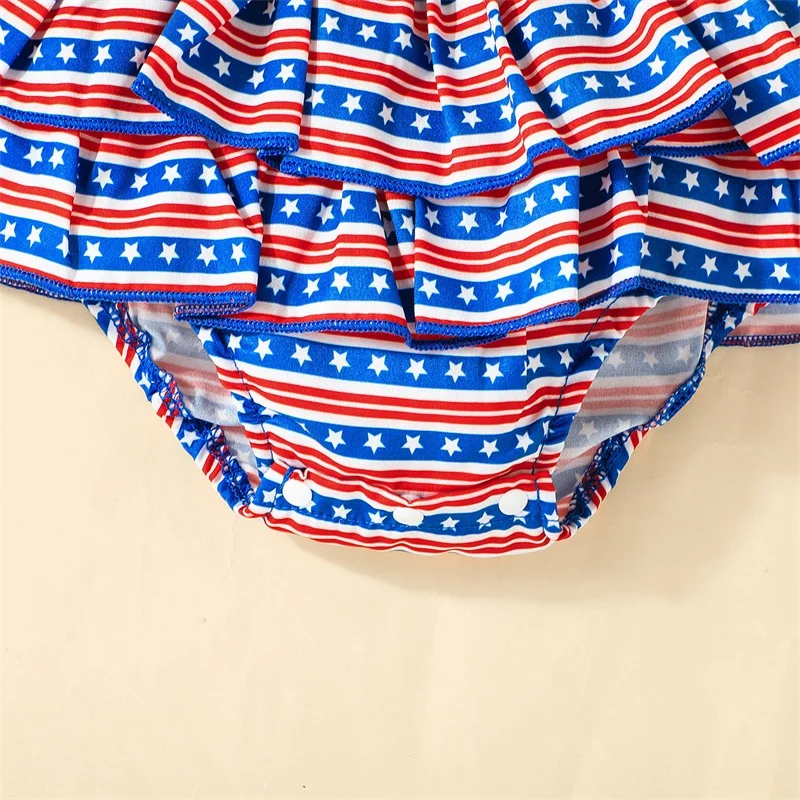 Baby Boys American Flag Rompers Toddler Patriotic Stars Stripes Print Sleeveless Ruffles Sling Bodysuit with Headband