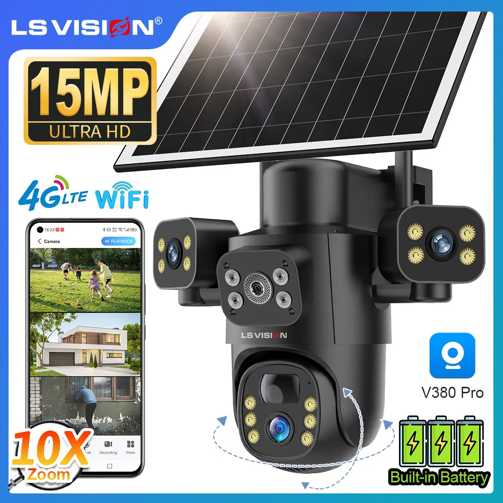 

LS VISION 15MP Three Screen 4G Solar Camera Outdoor WiFi PTZ 10X Digital Zoom PIR Detection Auto Tracking Surveillance Cameras