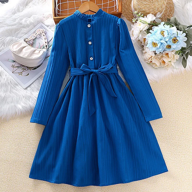 

Kids Casual Dress for Girls Clothes 2023 New Autumn Child Long Sleeve Blue Princess Dress with Belt Fashion Children 7-14Y