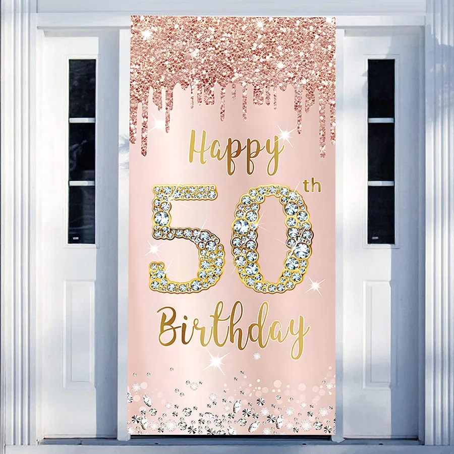 Rose Gold Happy 50th Birthday Party Decoration Door Banner Backdrop for Women Fifty 50 Years Old Pink Photography Background