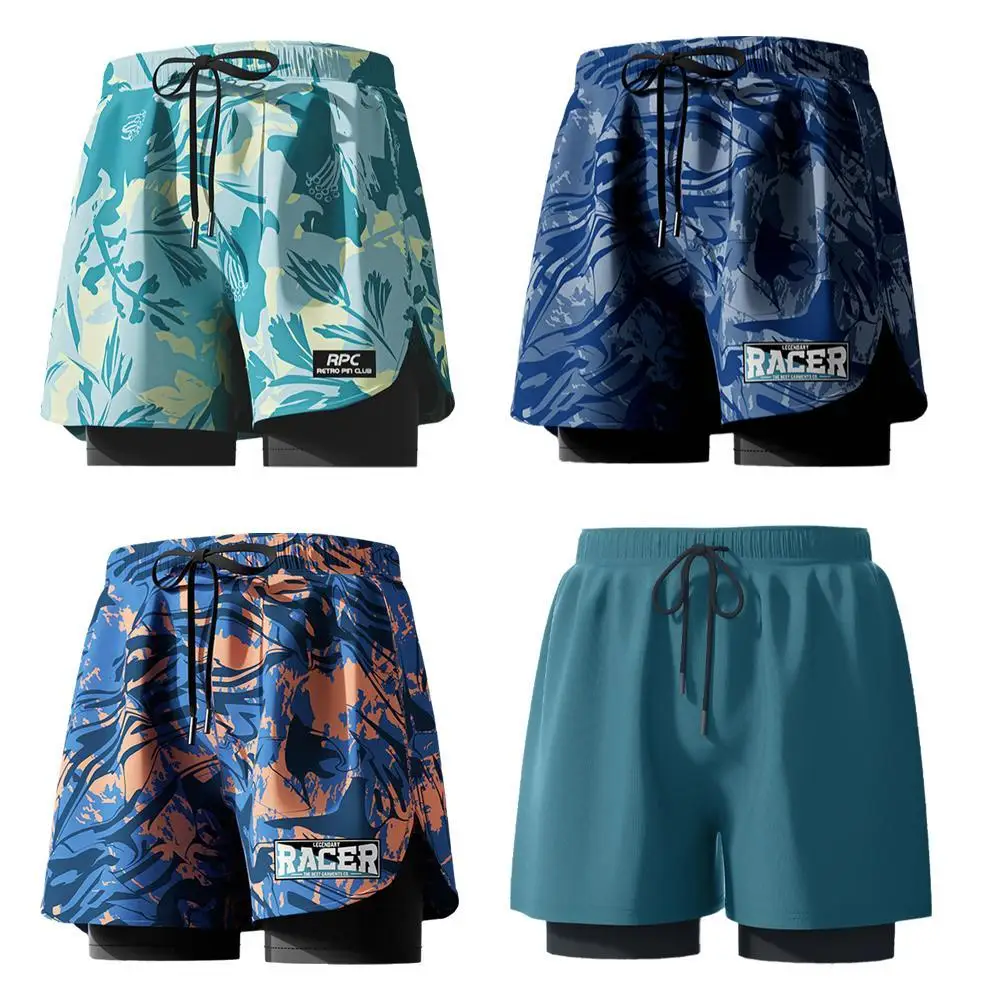 Men's 2 In 1 Swimming Trunks Adult Double-layer Shorts With Compression Quick Dry Swiming Beachwear Running Beach Shorts