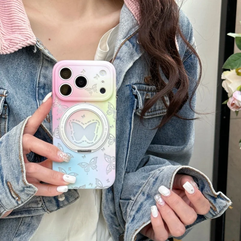 

Korean Ins Pink Blue Gradient Color Butterfly Magnetic Rotation Stand Phone Case For iPhone 17 Pro 15 16 Pro Max 15Pro Cover Cas