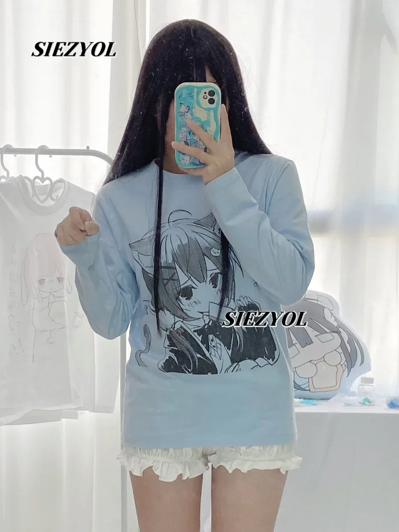 Cute Cartoon Character Printed Long-sleeved T-shirt New Sweet and Versatile Blue Crew Neck Tops for Spring and Autumn