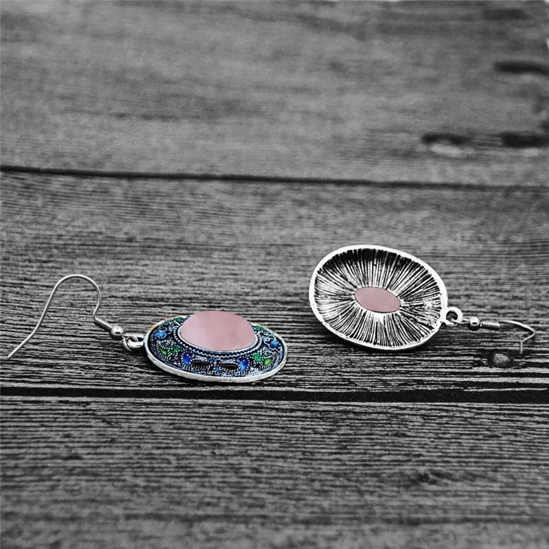 Vintage Oval Quartz Lapis Earrings For Women Bohemia Painting Craft Flower Plant Natural Stone Stainless Steel Hook Earring