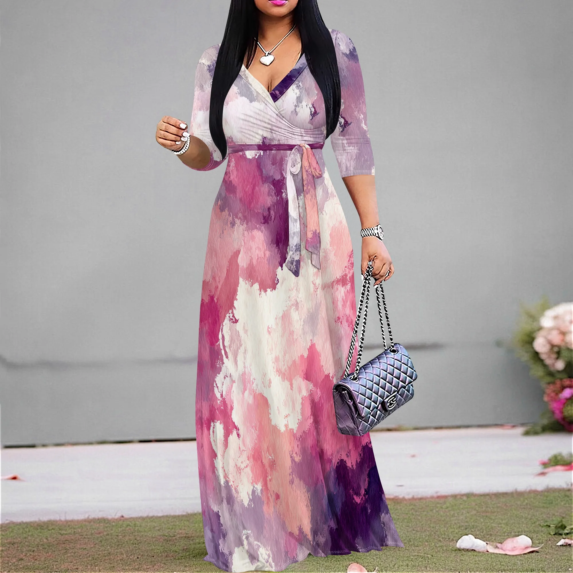 

Women's V-Neck Wrap Maxi Dress Abstract Watercolor Print Long Dress Elegant Belted Party Dress for Spring & Summer XS-3XL