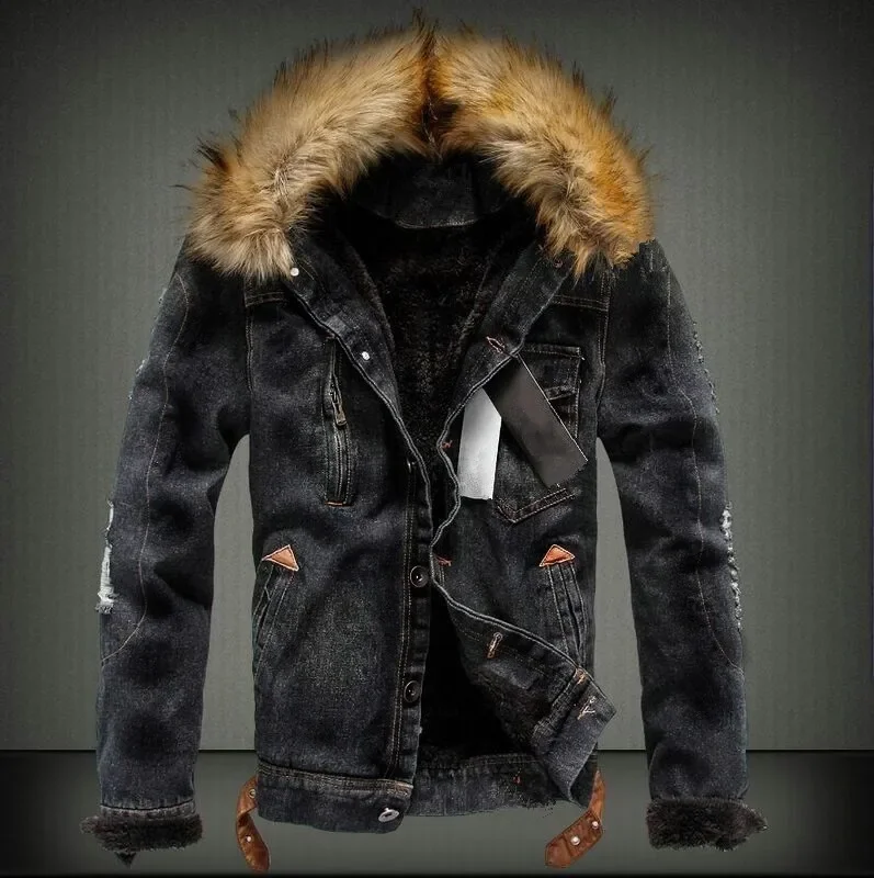 Winter Mens Denim Jacket with Fur Collar Retro Ripped Fleece Jeans Jacket and Coat for Autumn Winter S-6XL Winter Jacket Men