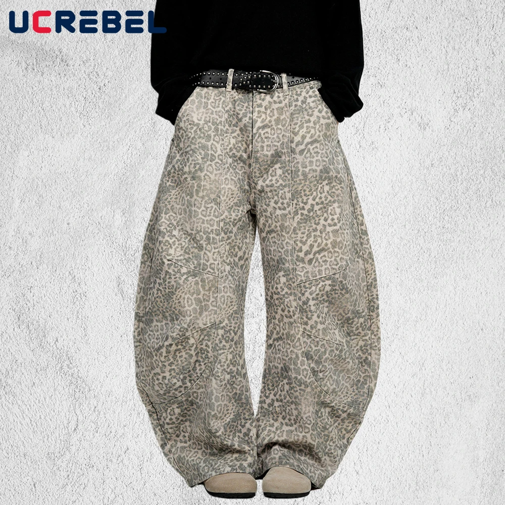 

Retro Leopard Banana Jeans Mens Pocket Hip Hop Streetwear Baggy Wide Leg Spliced Denim Pants Man