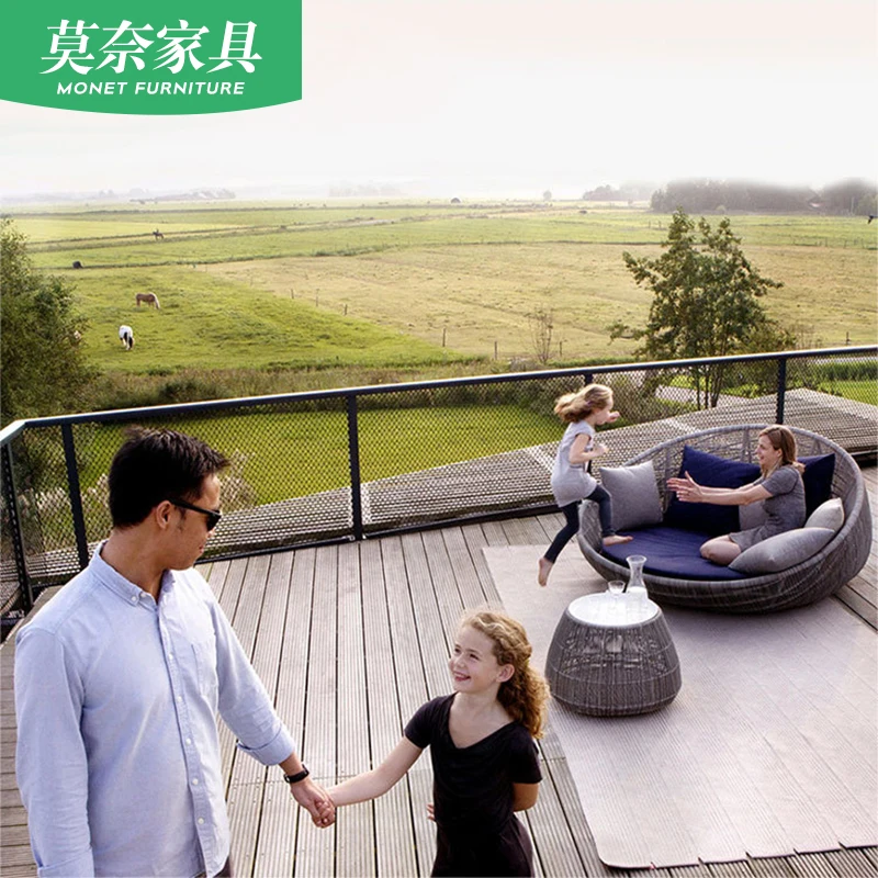 Outdoor Rattan Bett Hotel Terrasse Balkon Möbel Softcover Hause Nordic Villa Freizeit Runde Sofa Garten