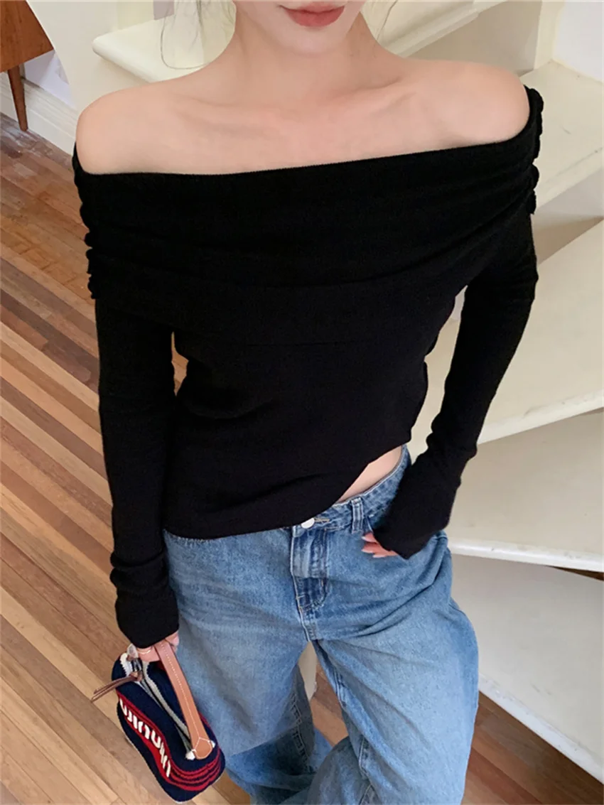 PLAMTEE Black Sweater Slim-Fit Slash Neck Chic Casual New Knitted Pullover Autumn Off Shoulders Loose Daily Solid Vintage Gentle